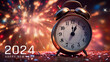 Happy New Year 2024 Poster Template with Wecker and Bokeh Background.