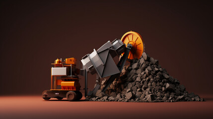Mining industry illustration background with copy space, a processing plant or mill in tones of orange and black, mounds of ore in the background