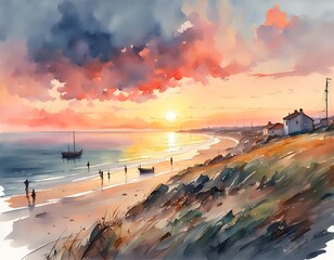 Wall Mural - Watercolor painting of the coast of Bretany, France at Sunset