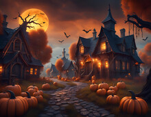 Fairytale Halloween Landscape With Realistic Full Moon Over Old Village, Glowing Windows And Pumpkins Under Autumn Trees. Concept Of Halloween. CG Artwork Background
