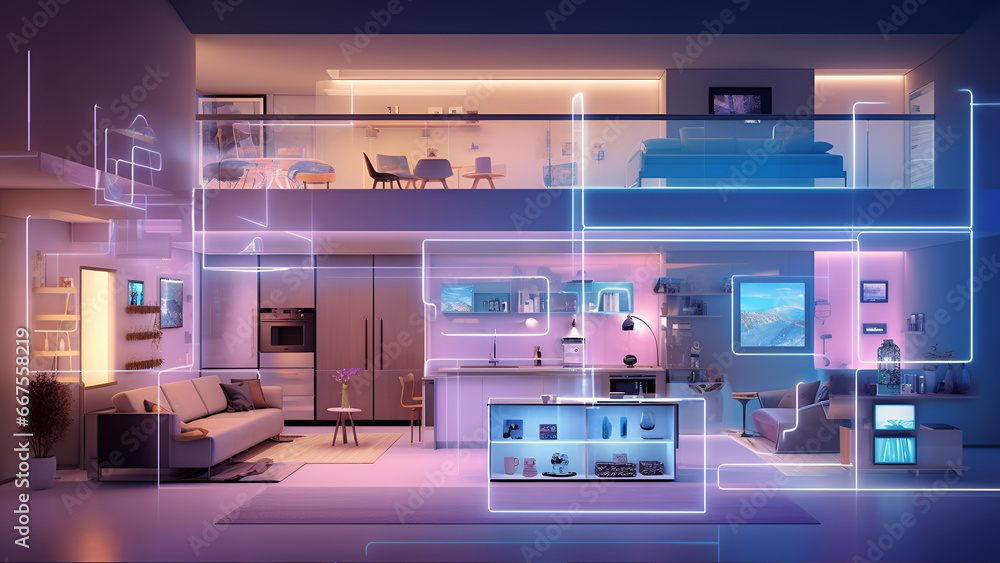 Concept Interior illustration of smart home with artificial ...