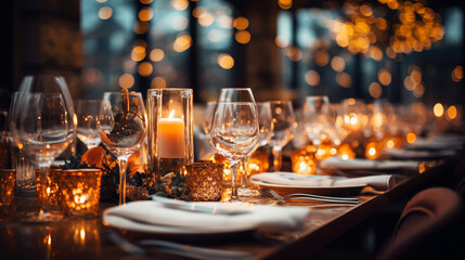 Beautifully organized event - served table banquet ready for guests, decorated table with empty plate, glasses, forks, napkin.