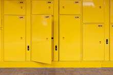 Yellow Smart Locker For Traveller. Electronic Steel Parcel Locker For The Luggage Storage.