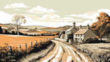 Classic English Countryside Idyllic Rural Landscape Vector In Engraving Style