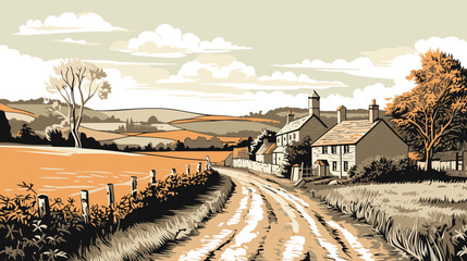 Classic English Countryside Idyllic Rural Landscape vector in engraving style