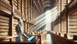 An ancient library setting, with tall wooden shelves filled with scrolls and books. Among the aisles, humanoid robots scan and absorb knowledge using beams of light, illustrating AGI's thirst for know