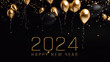 Happy New Year 2024 Poster Template with Black and Golden Balloon Over Black Isolated Backgroundwith Confetti. 