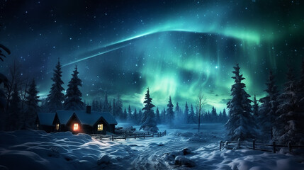 Christmas tree decoration in winter forest with northern lights in the night sky