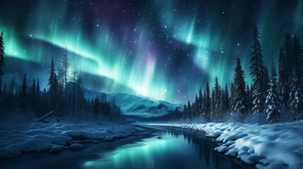 Christmas tree decoration in winter forest with northern lights in the night sky