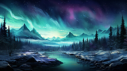 Christmas tree decoration in winter forest with northern lights in the night sky