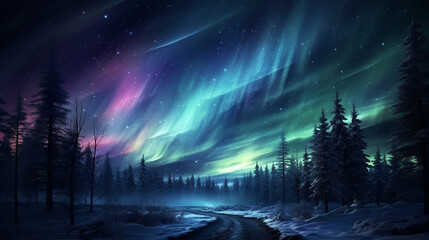 Christmas tree decoration in winter forest with northern lights in the night sky