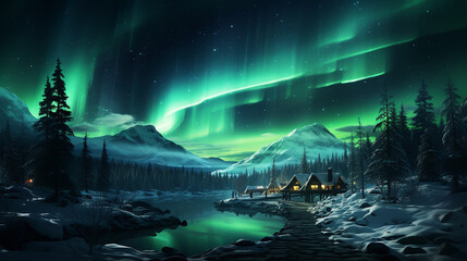 Christmas tree decoration in winter forest with northern lights in the night sky