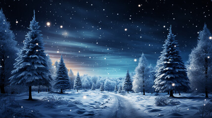 Christmas tree decoration in winter forest with northern lights in the night sky