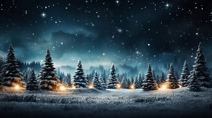 Christmas tree decoration in winter forest with northern lights in the night sky