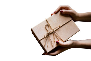 Wall Mural - Female hands hold gift box in PNG isolated on transparent background