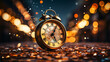 © alexkich - Old Black vintage alarm clock on wooden table on blur background of Christmas tree. New Year Theme