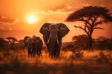 African safari sunset panoramic background with silhouette of the animals