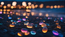 Crystal Pebbles Glowing In The Sea Beach At Night.