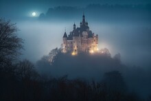 Misty Castle Under Moonlit Sky. Generative AI