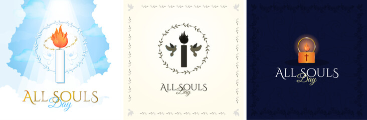 Wall Mural - Set of All Souls Day Art Illustration Posters, celebrated on November 2. All Souls' Day Greeting Cards. Vector Illustration