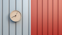 Clock On Red White Wall Horizontal Steel Geometric Background. 3D Minimalist Background
