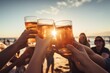 Young group party people toast with beer on the beach. Generative AI