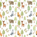 Fototapeta Dziecięca - Watercolor forest wildlife seamless pattern with animals and leaves. Cute cartoon characters.