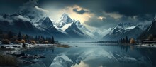 A Breathtaking View Of A Snowy Mountain Range, Where A Peaceful Lake Lies Surrounded By Snow-covered Peaks In The Foreground, Under A Backdrop Of A Cloudy Sky.