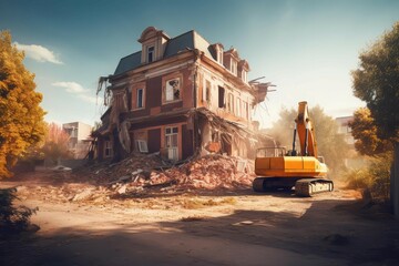 Old abandoned house demolition. Old brick construction destroy damage. Generate Ai