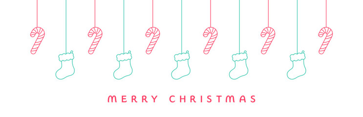 Wall Mural - Merry Christmas Border Banner Line Art Doodle, Hanging Santa Stocking and Candy Cane Garland. Winter Holiday Season Header Decoration. Web Banner Template. Vector illustration.