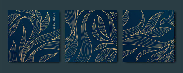 Vector set of abstract luxury golden square cards, post templates for wedding invitation, art deco leaves botanical wallpaper background. Pattern, texture for print, fabric, packaging design