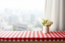 Empty Table With Red And White Checkered Tablecloth With Flower Vase. Food Summer Kitchen Place. Generate Ai