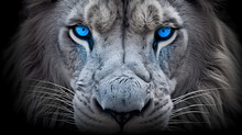 Close Up Of Lion With Blue Eyes, Black And White Image