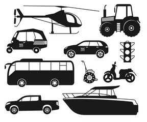 Wall Mural - Bus, texi, ship, Helicupter and truck diffirents types toys silhouette 05.eps
