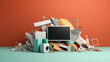 E-waste with Outdated non-working computer littered with various electronic and household waste on orange background with copy space. Earth day