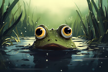 Frog With Big Eyes In A Swamp Cartoon Illustration