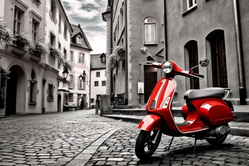 retro image with color key effect: black white photo of old town with red vintage scooter. generativ