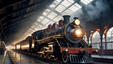 a steam locomotive smokes on the tracks inside a retro station at a train station