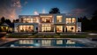 Panorama of modern house with swimming pool at twilight. Long exposure.