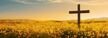 Old wooden cross in field of yellow rapeseed flowers. Generative AI