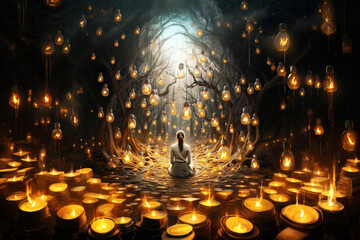 Wall Mural - Woman meditating in a forest with many light bulbs, spirituality, explosion of ideas, brainstorming for solutions, open mind for new direction