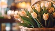 Bouquet of yellow tulips in a wicker basket on a blurred background. Tulips. Mother's day concept with a space for a text. Valentine day concept with a copy space.