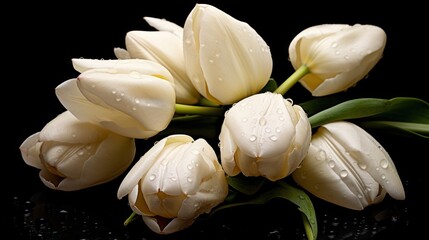 Bouquet of white tulips with water drops on black background. Tulips. Mother's day concept with a space for a text. Valentine day concept with a copy space.