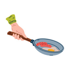 Sticker - Hand Hold Frying Pan with Egg and Sausage as Cooking Utensil Vector Illustration