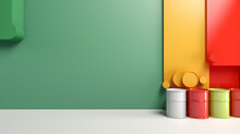 Paint Cans Waste On Yellow Green Red Background With Copy Space