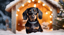 Cute Smiling Dachshund  Dog Near Beautifully Decorated Christmas House