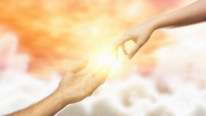 Visualization Of Heaven: Male And Female Hands Touching In the Mysterious And Magical Heavenlike Setting. Two People Are Connecting On a Higher Spiritual Level. Finding God or Belief Concept.