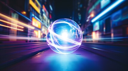 digital art with a sphere in the center and neon blue and purple light trails. generative AI