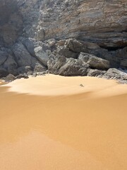 Wall Mural - Wet ocean sand, sand texture, rocky coast