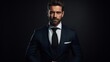 © Raziq.Ai - A sharply dressed model in a sleek business suit, standing confidently against a deep, dark background, creating a striking and professional image